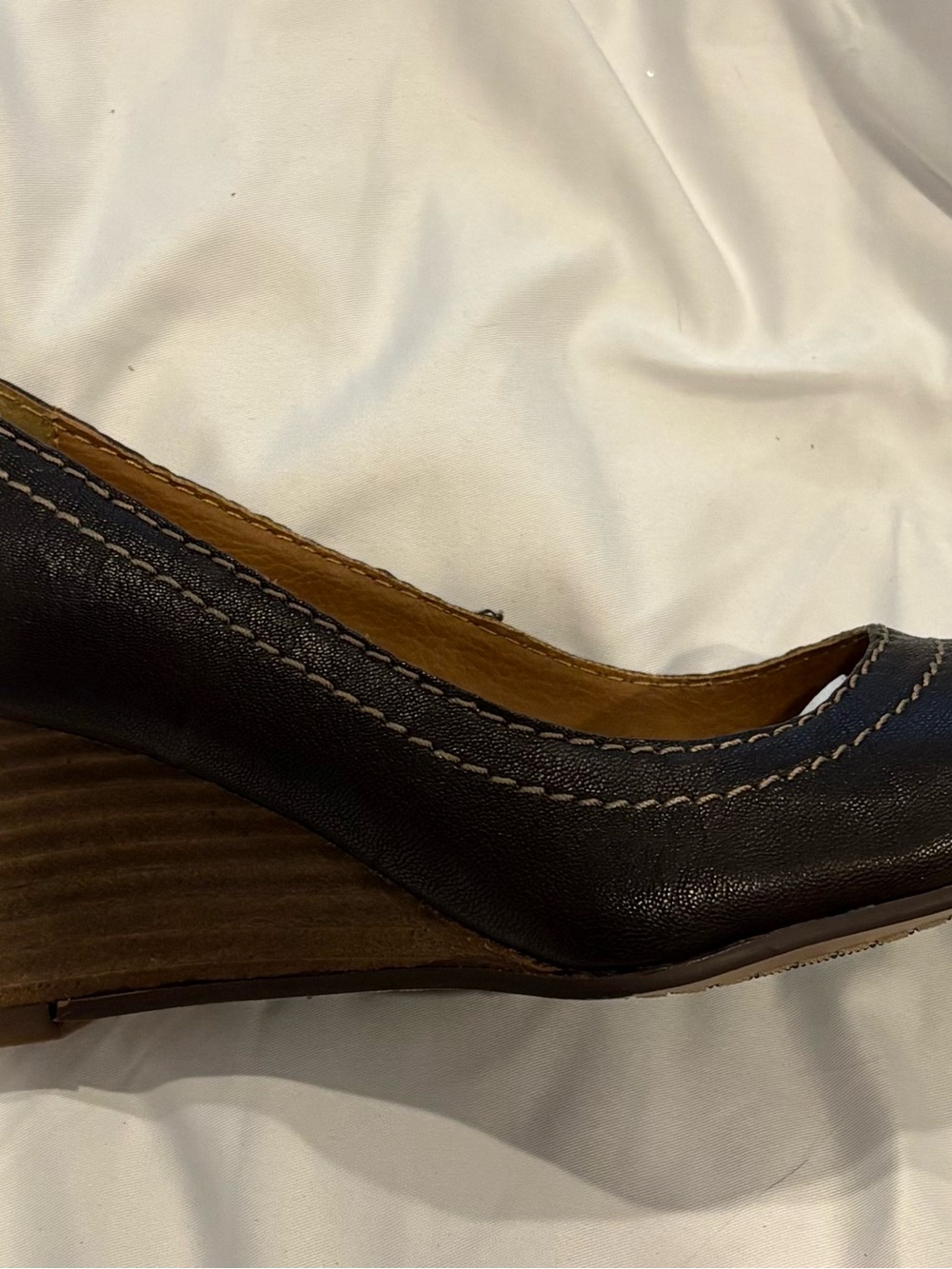 Calvin Klein Dark Brown Leather Wedge with Wood-Effect Heel